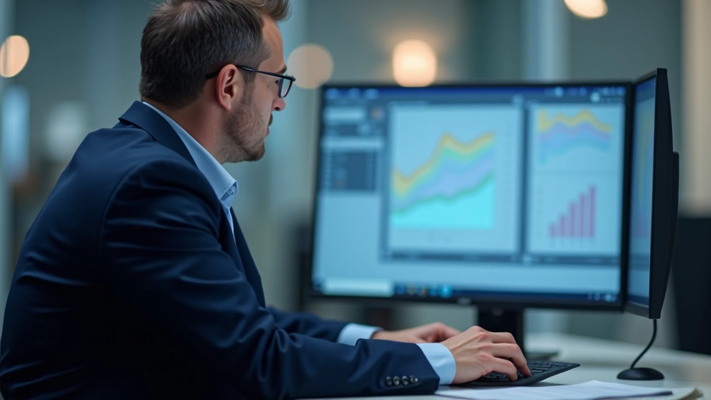 Finanzanalyst sitzt an seinem Schreibtisch, studiert Datendiagramme und Inflationsprognosen auf seinem Computerbildschirm