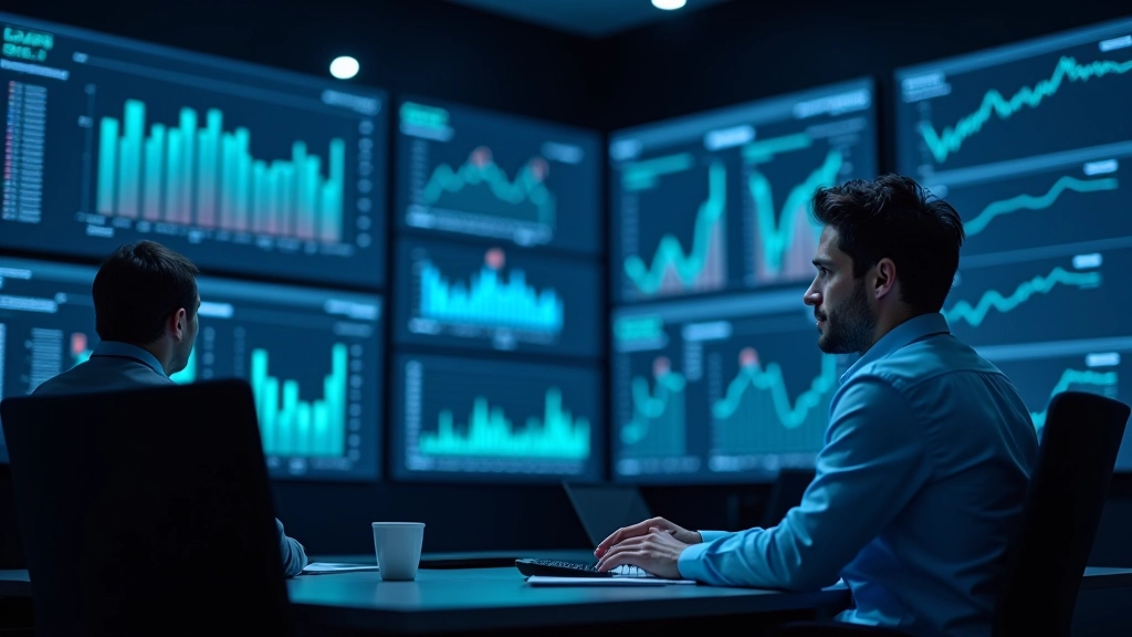 Modernes Finanzanalysezentrum mit Monitoren zeigt Inflationsdaten und Verbraucherstimmungsindikatoren