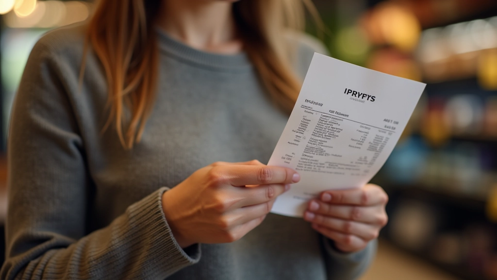 Eine Person schaut nachdenklich auf eine Einkaufsquittung und studiert die Preise verschiedener Artikel