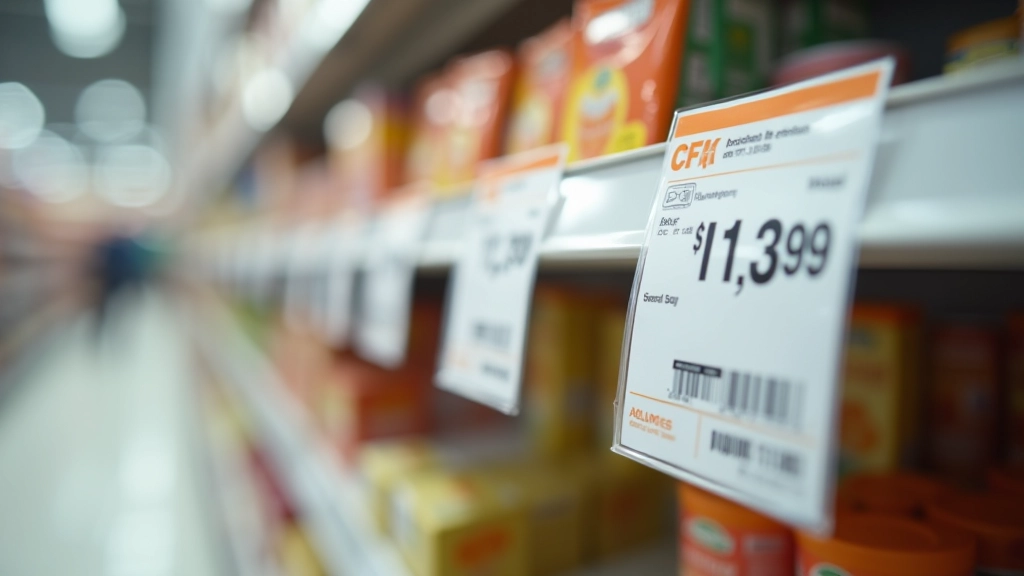 Nahaufnahme von Preisschildern in einem Geschäft, die Inflationsauswirkungen zeigen