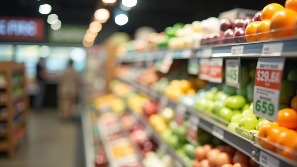 Regale im Einzelhandel mit Preisschildern, die Preissteigerungen und Inflationsauswirkungen auf Verbraucher zeigen