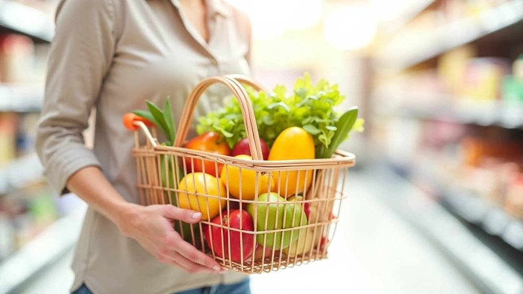 Ein Einkaufskorb mit verschiedenen Lebensmitteln und einem Preisschild zeigt die Kosten für den Einkauf